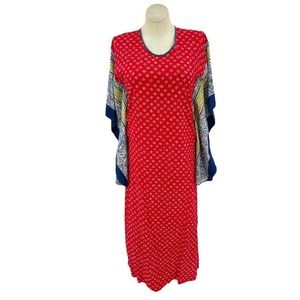 Vintage 70s Cotton Kaftan Bandana Print Paisley Red Green Maxi Beverly Vogue M